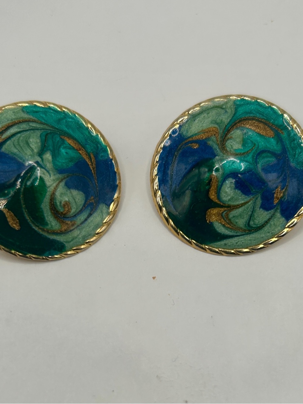 Gold-Trim Green & Blue Enamel Dome Round Earrings - Women Jewelry - Picture 6 of 9